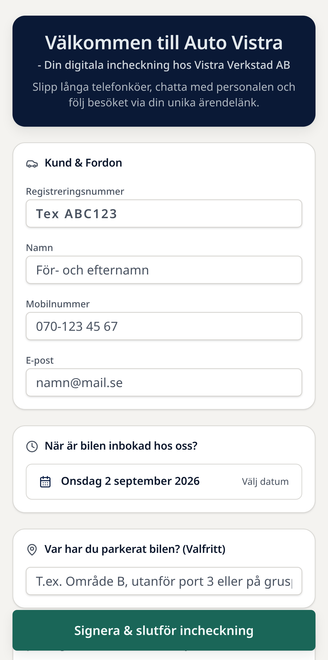 Kundvyn i mobilen med digital incheckning, datum och signering